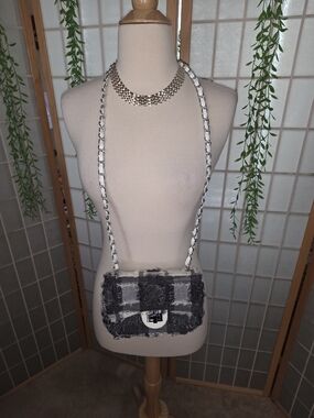 Black & White Plaid Bouclé Crossbody Bag with Chain Strap